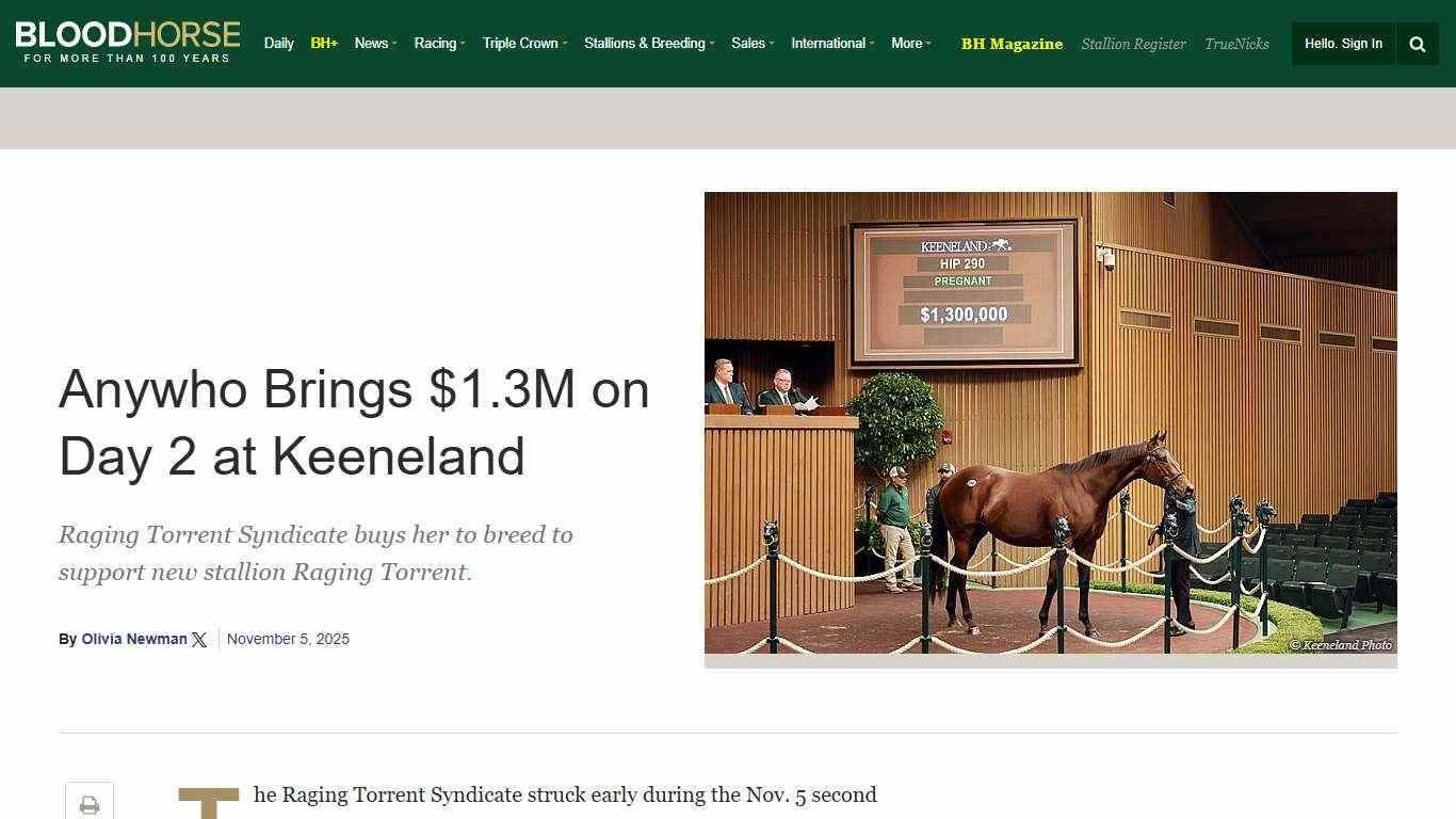 Anywho Brings $1.3M on Day 2 at Keeneland - BloodHorse