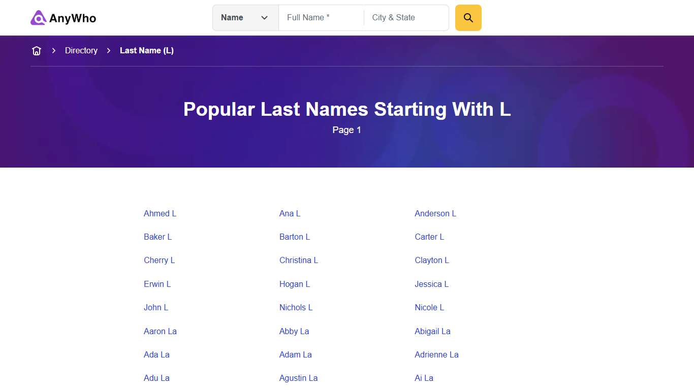 Last Names Starting With "L" - Page 1 | Anywho