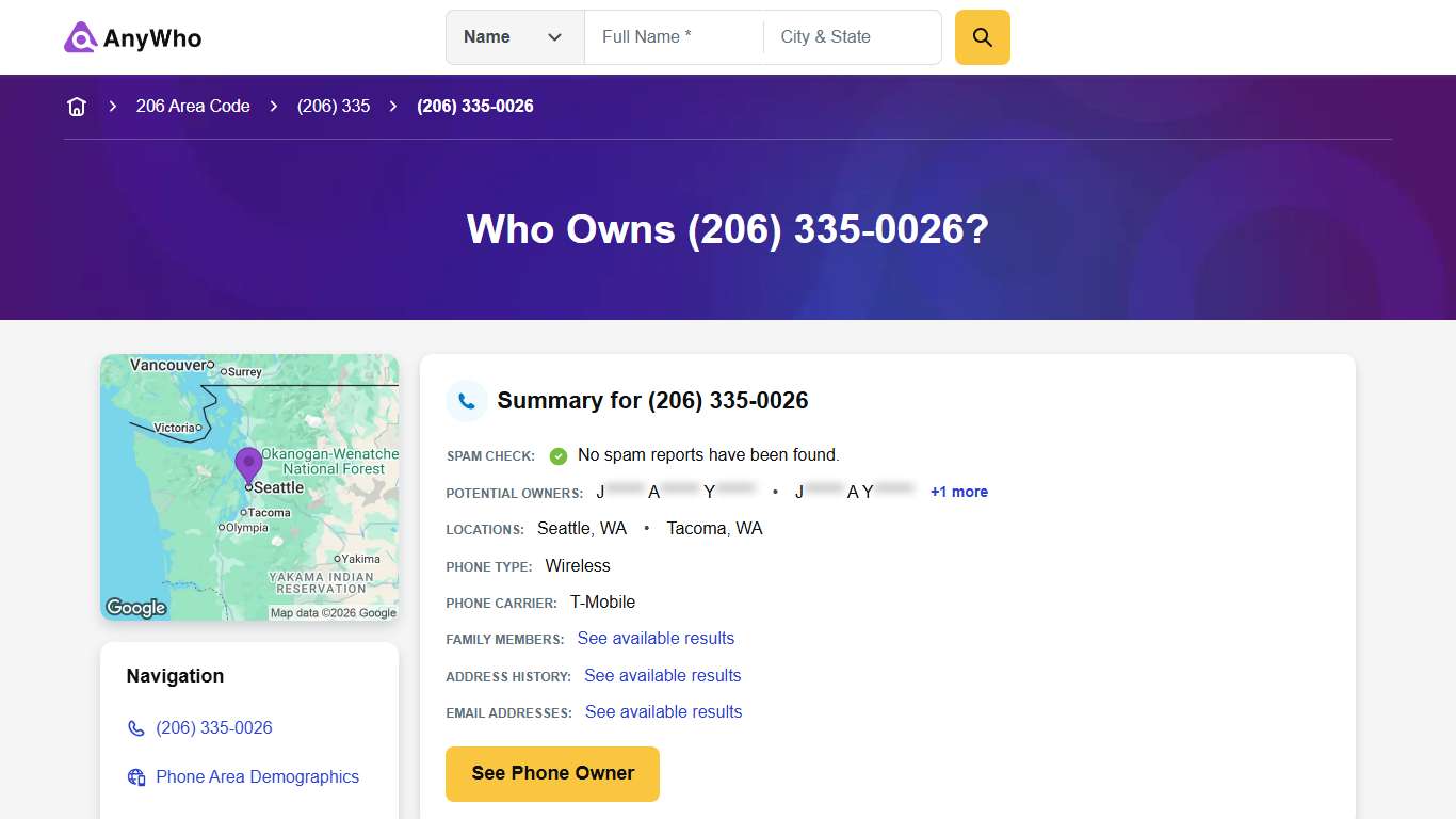 (206) 335-0026 | Reverse Phone Lookup | Anywho